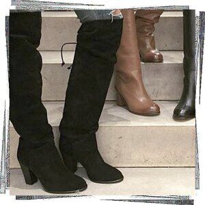 NWOT: Black Suede Leather Knee High Slouch Boots w/ Ties (6) by Miss Albright